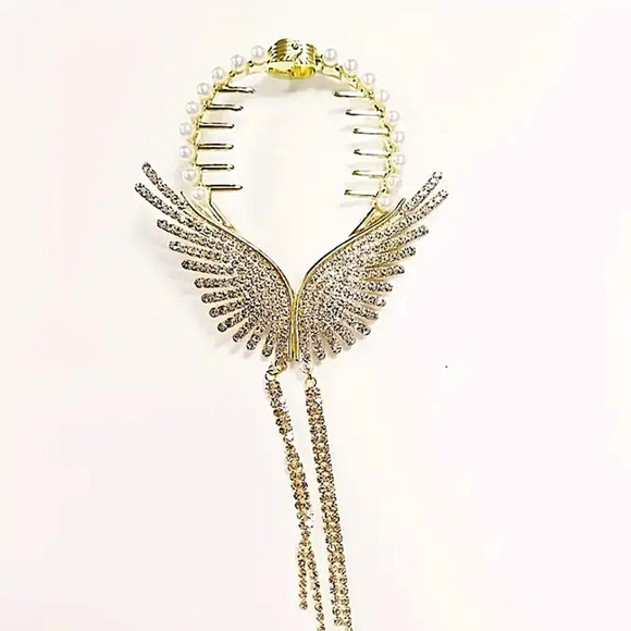 Gold Pearl Rhinestone Angel Wing Hair Clip Claw Hair Accessory - Picture 4 of 7